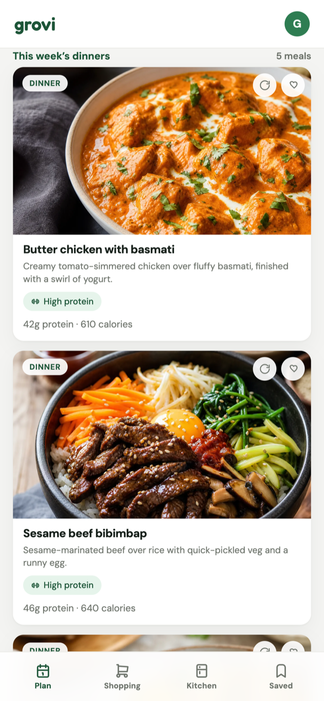 Grovi weekly meal plan